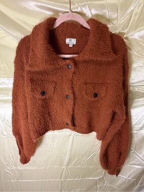 Pink Diamond Womens S/M Fuzzy Wool Blend Cropped Cardigan Jacket Rust Brown